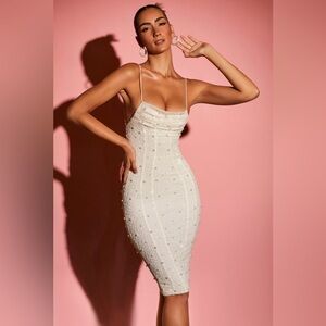 Strappy embellished midi dress in white